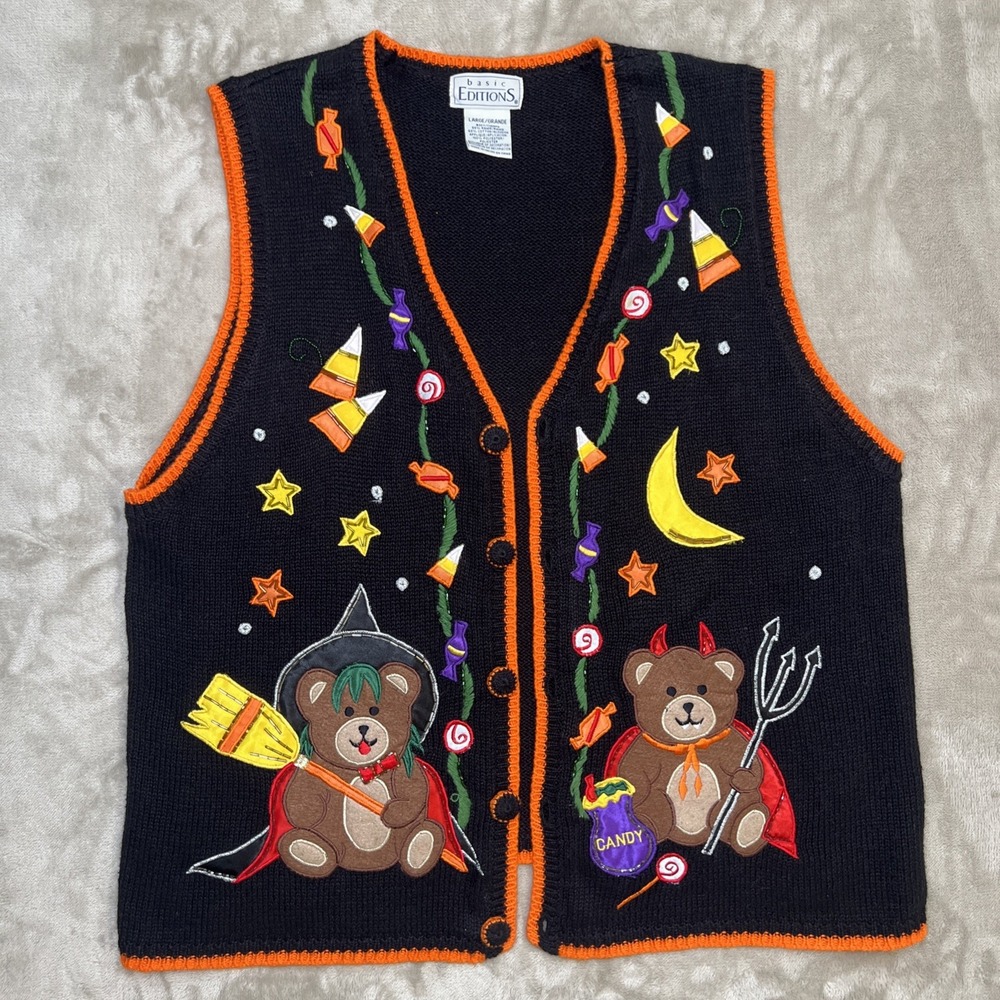 Vintage Basic Editions Halloween Teddy Bear Sweater Vest Womens L Witch Devil